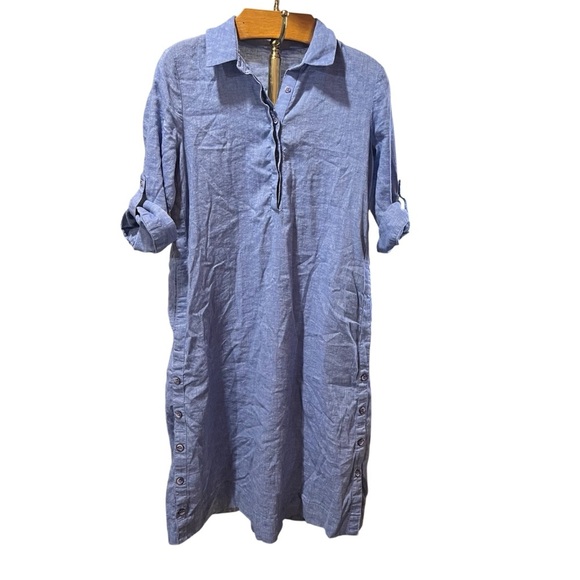 Chico's Blue Linen Blend Shirt Dress with Side Vent Buttons Roll Tab Sleeve - Picture 1 of 12